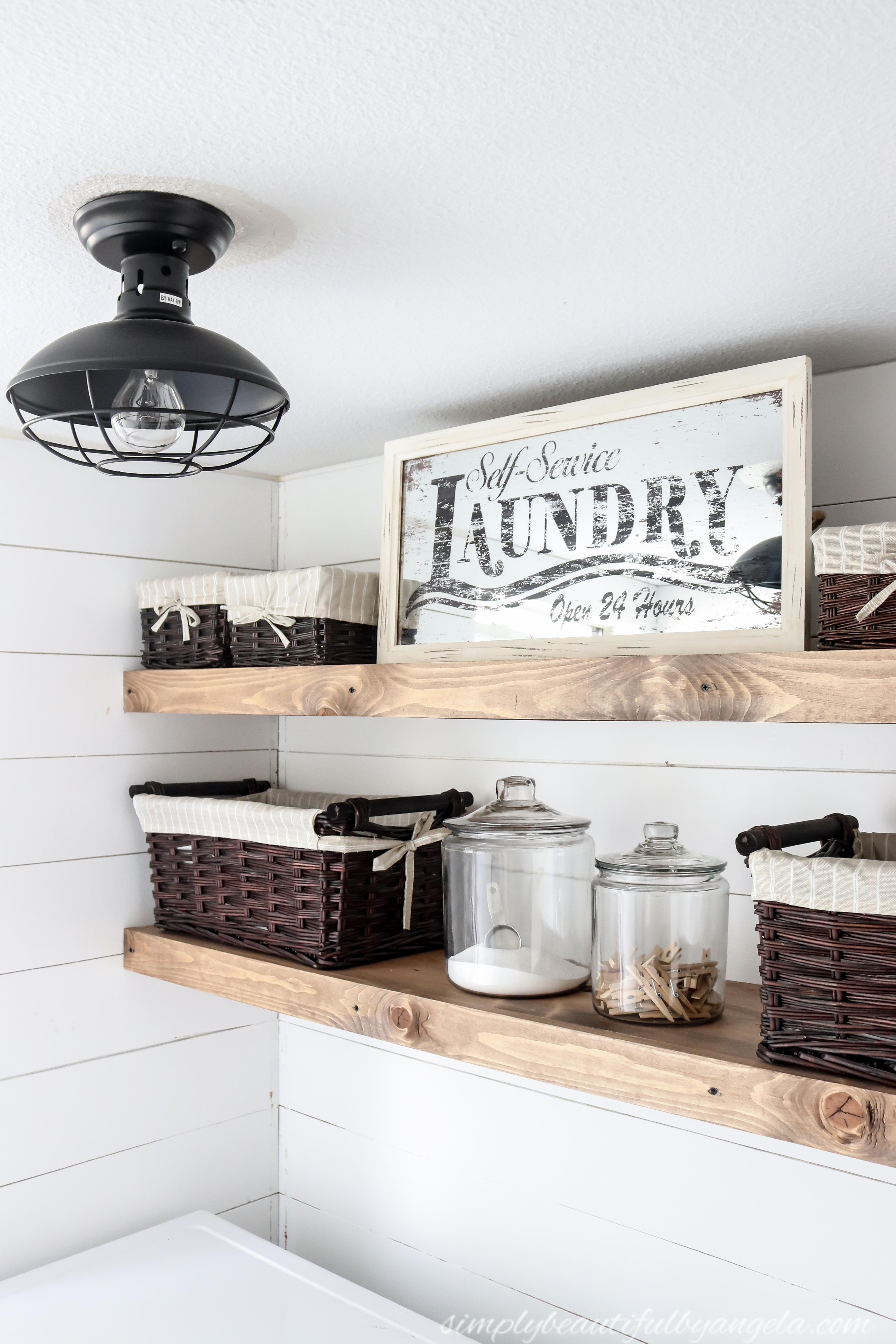 A Long Rustic Floating Shelf, Two Brackets, Laundry Room Storage