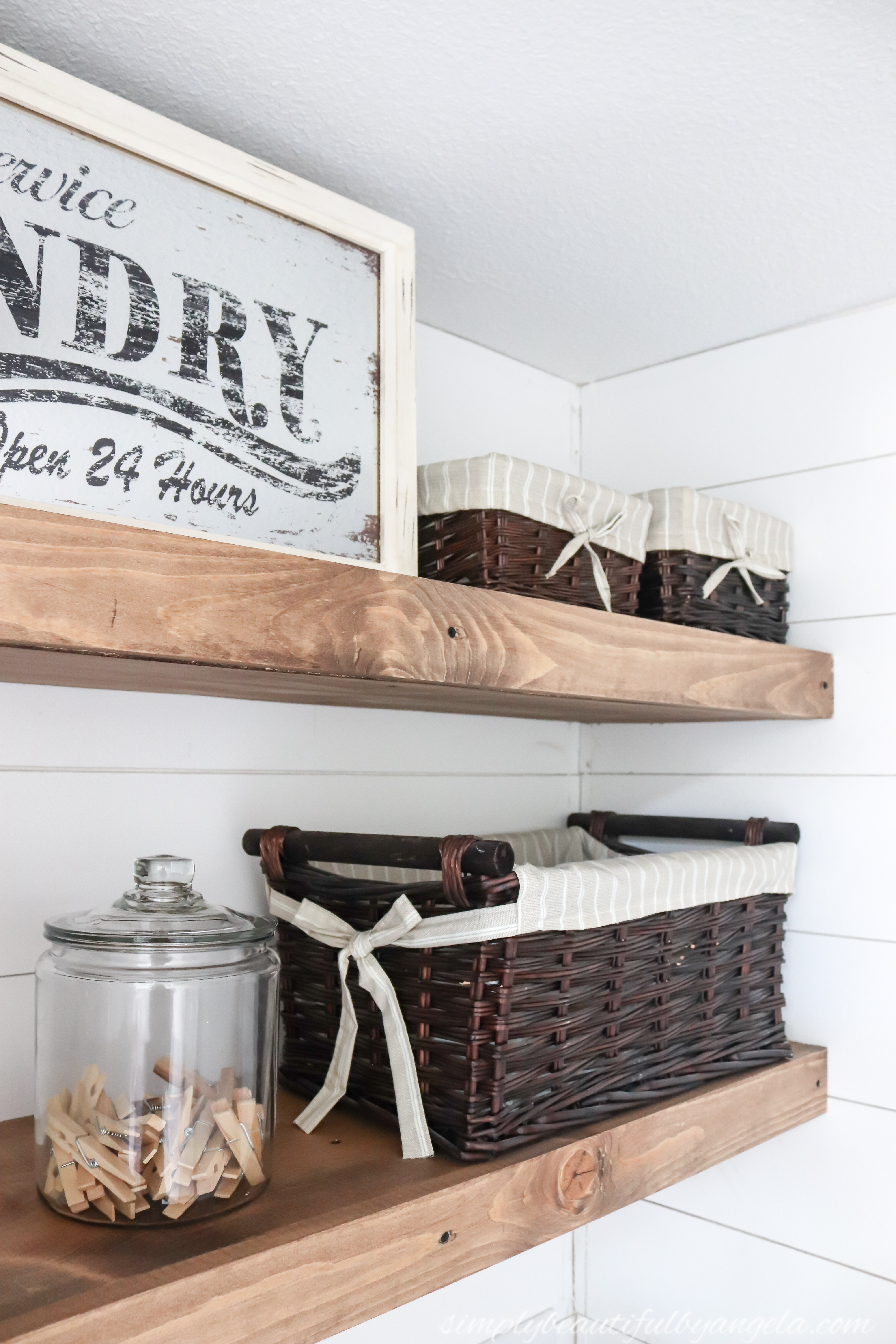 Floating wood clearance shelf laundry room