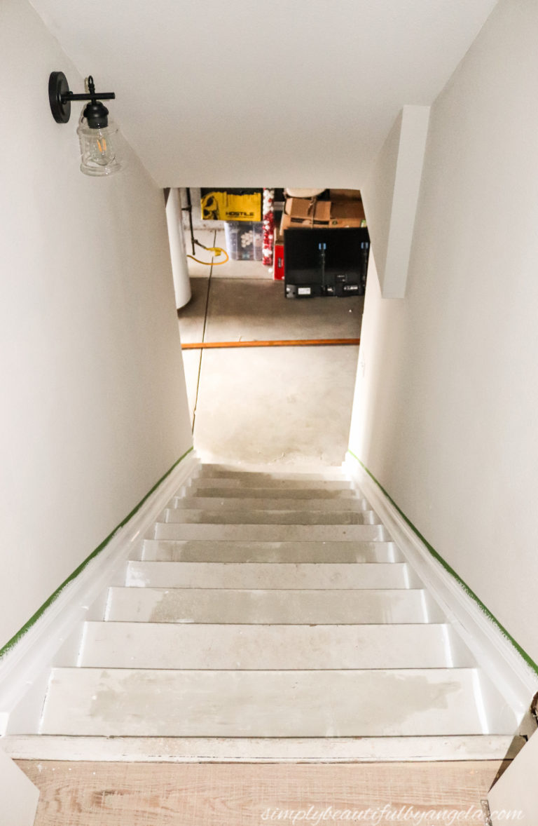 Faux Wood Makeover on Particle Board Basement Stairs