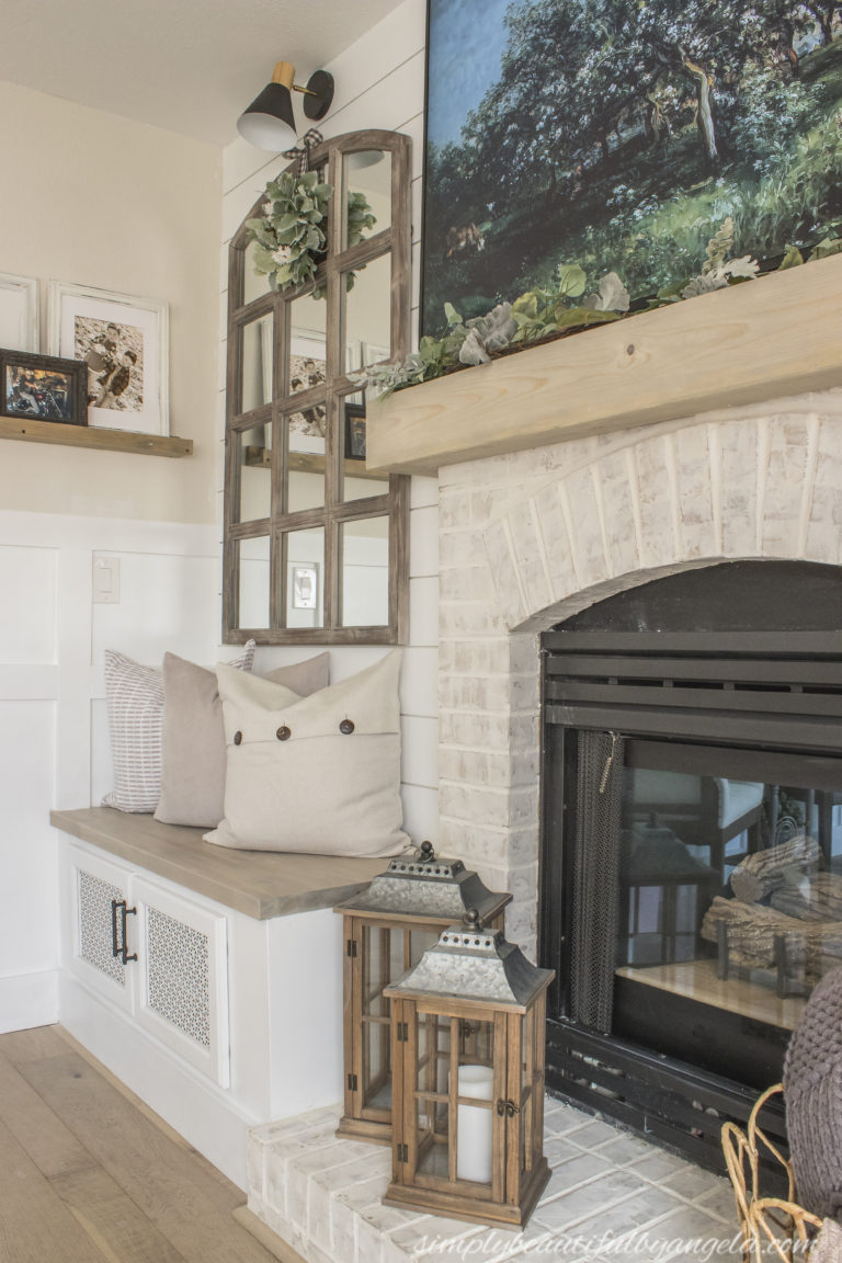 DIY Fireplace Beam Mantel   Boho Farmhouse Living Room Makeover 43 768x1152 